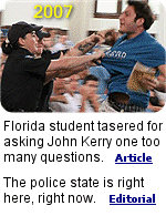 A Florida State University student was tasered after asking Sen. John Kerry about his failed bid for president and his membership in ''Skull & Crossbones''. The student was forced to the ground and cried out: ''Dont Tase me, bro'', just before he was shot with the gun, which fires small dart-like electrodes with attached metal wires that connect to the gun.